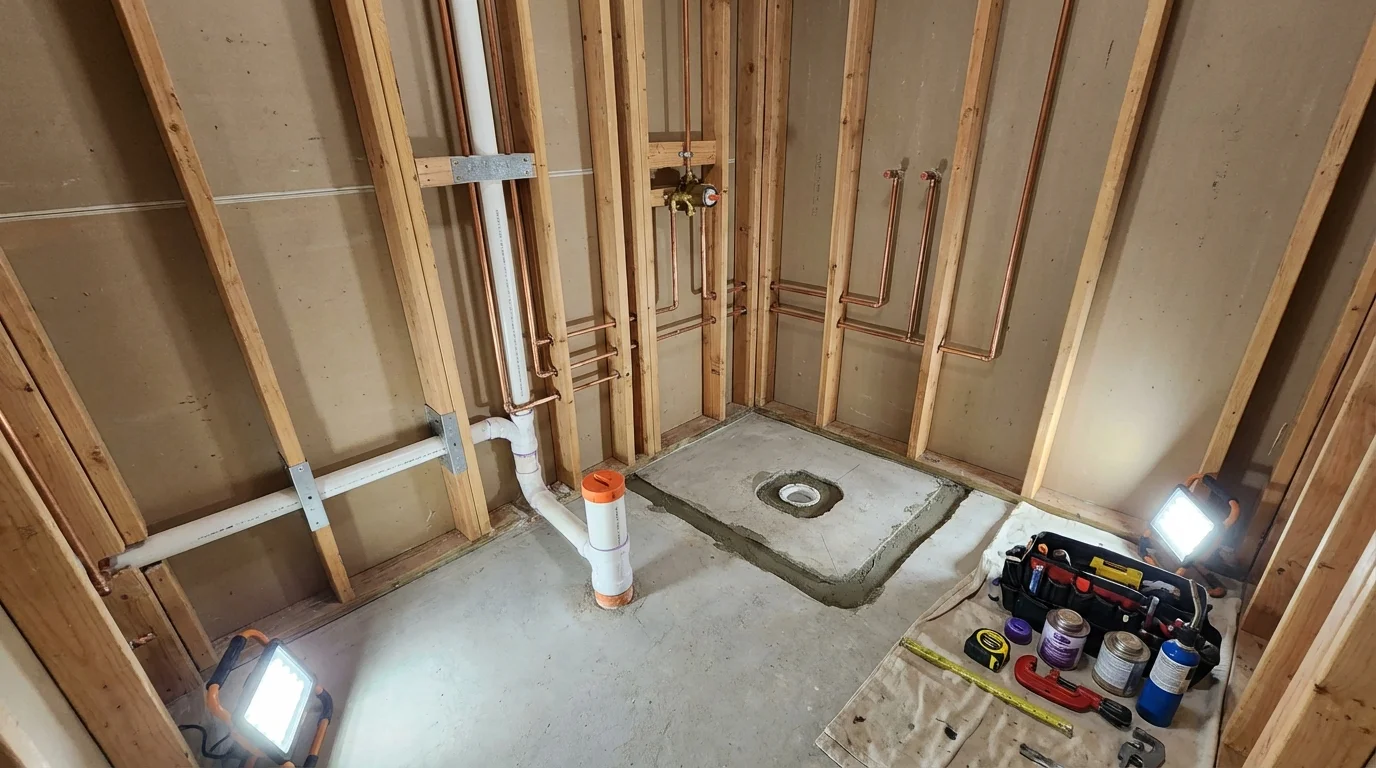 Bathroom rough-in plumbing during remodel by Johns Plumbing LLC in Tulare