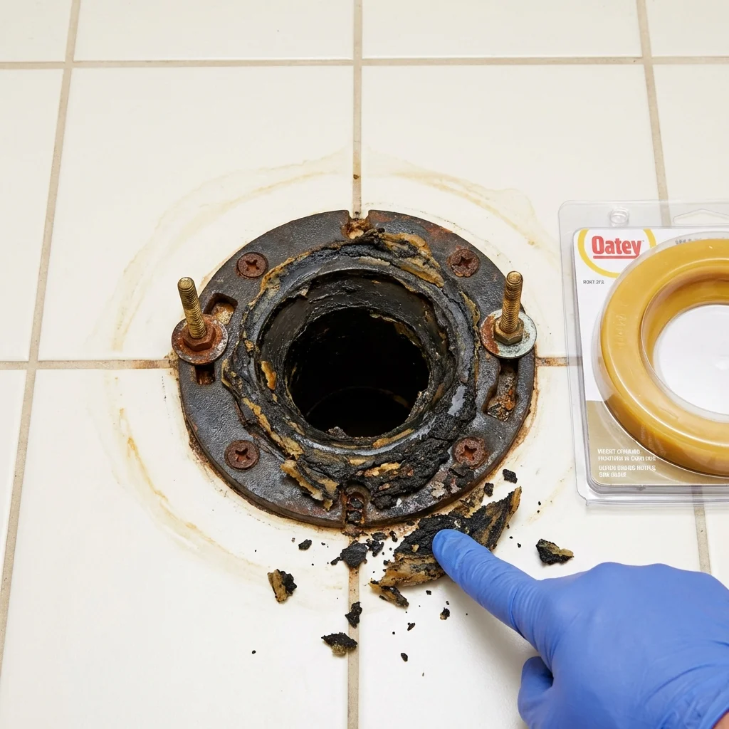 Failed wax ring showing water seepage at the base of a toilet in a Tulare, CA home